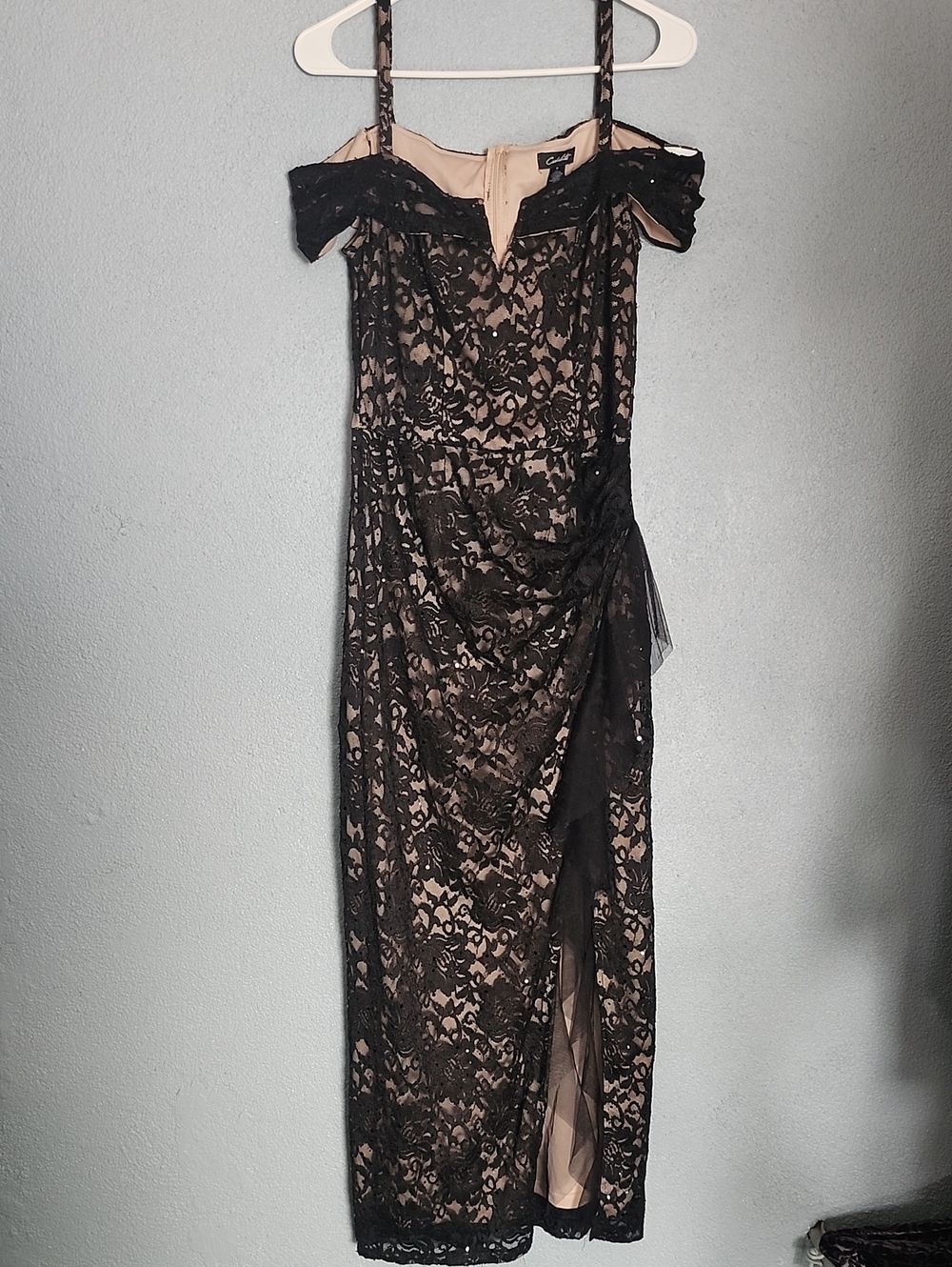 Lace Overlay Off-Shoulder Maxi Dress in Black and Nude